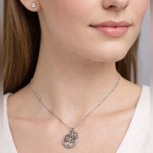 Family Tree “Tree of Life” Necklace & CZ Stud Earring Set
